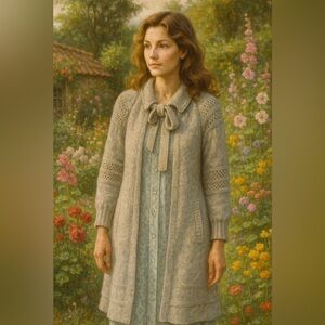 Elegant Cream Knit Sweater 100% wool Cozy cabin cottage cardigan heather grey